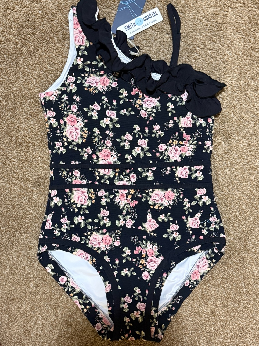 Sleeveless Floral Ruffle One-Shoulder Bodysuit - Black with Pink Floral - Picture 3 of 4
